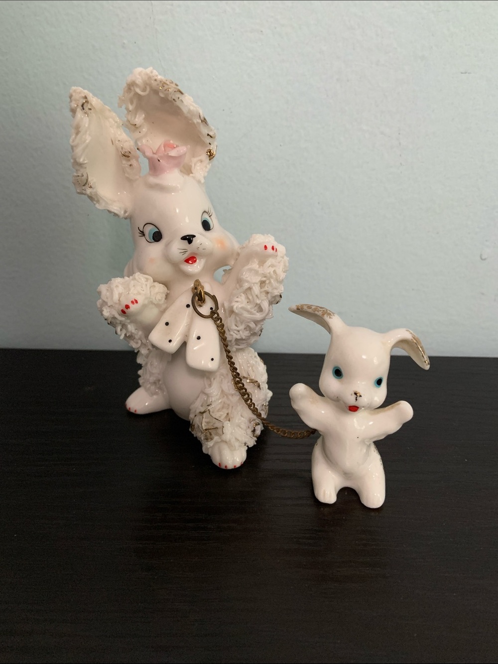 Vintage White Spaghetti Noodle Ceramic Bunny Set.
